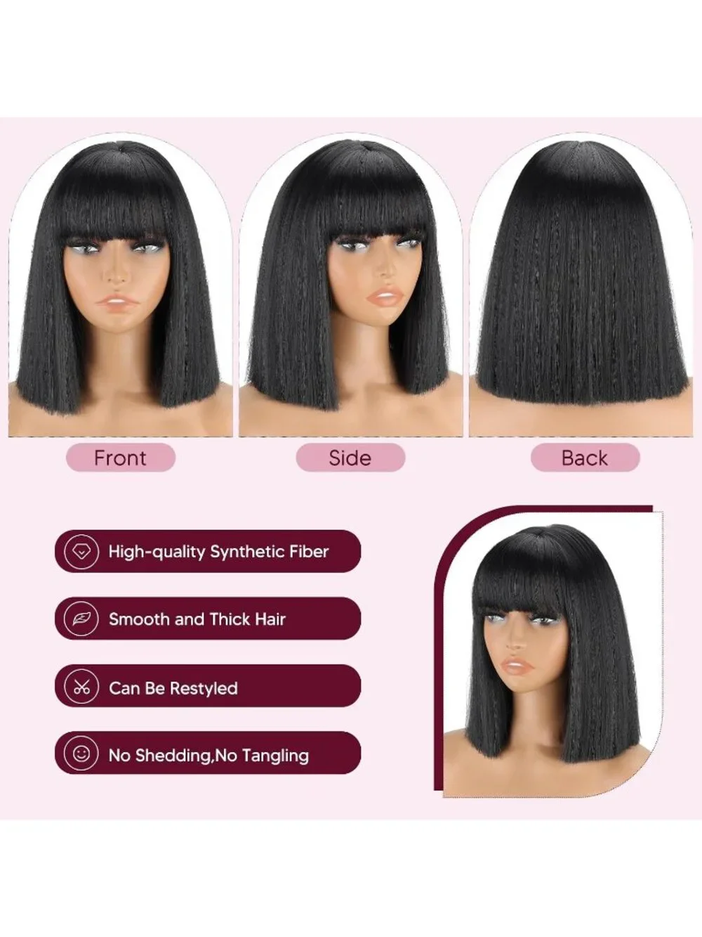 Women's Black 11 Inch Heat Resistant Synthetic Short Straight Wigs Bangs